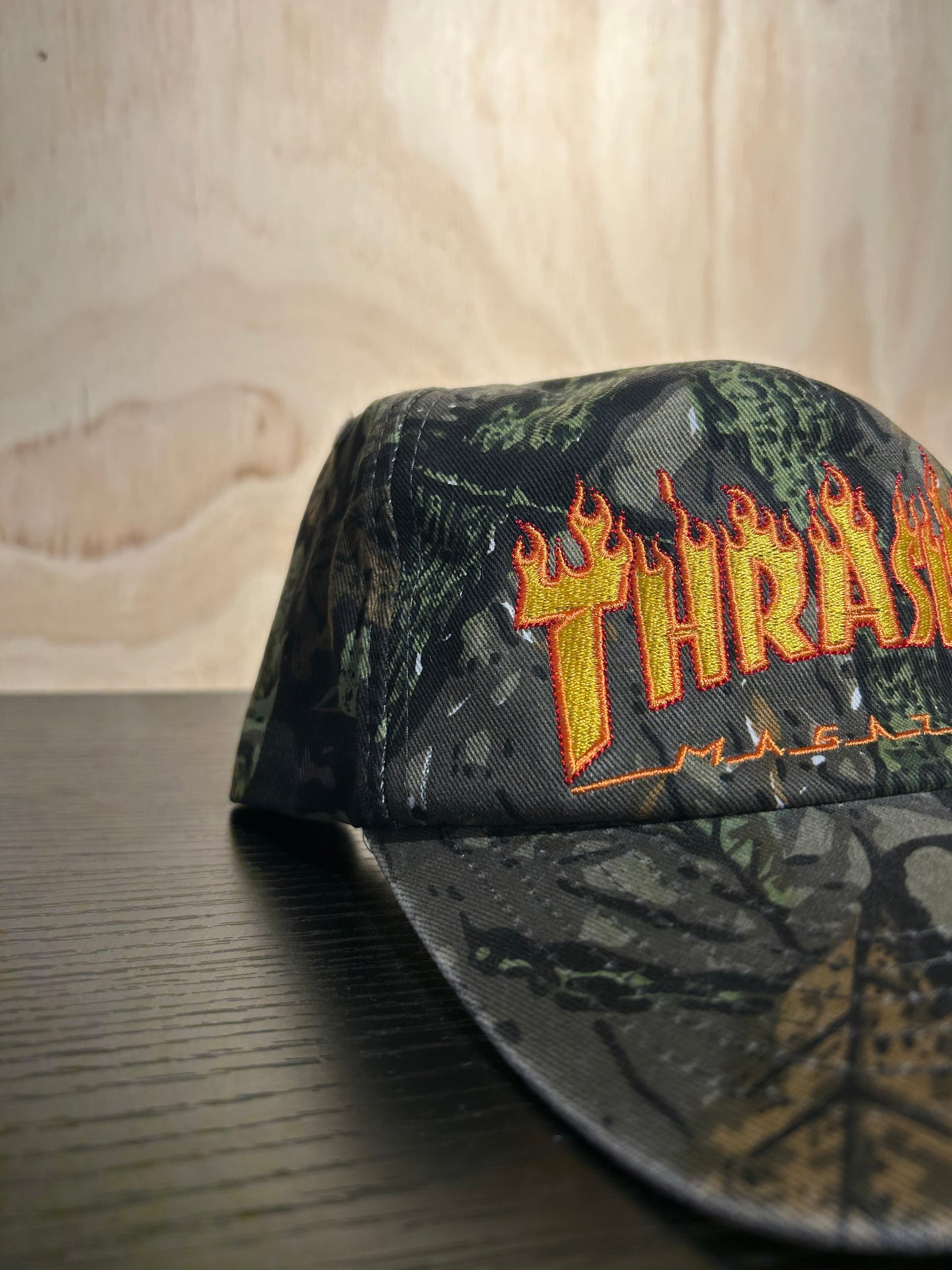 Thrasher Flame Distressed Snapback Camo